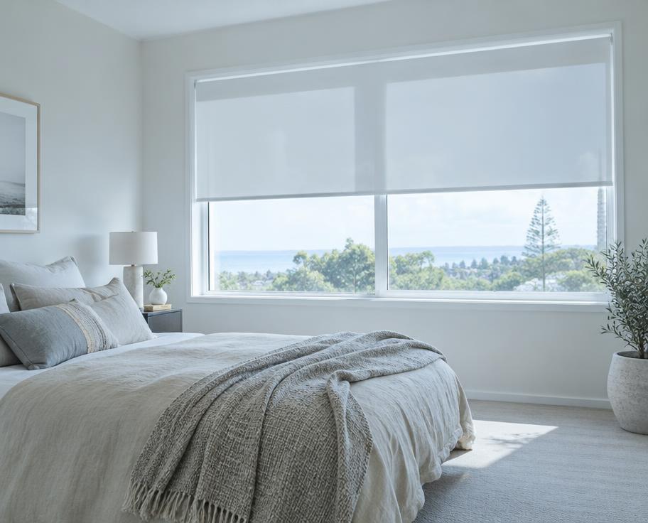 Bedroom with white roller blinds