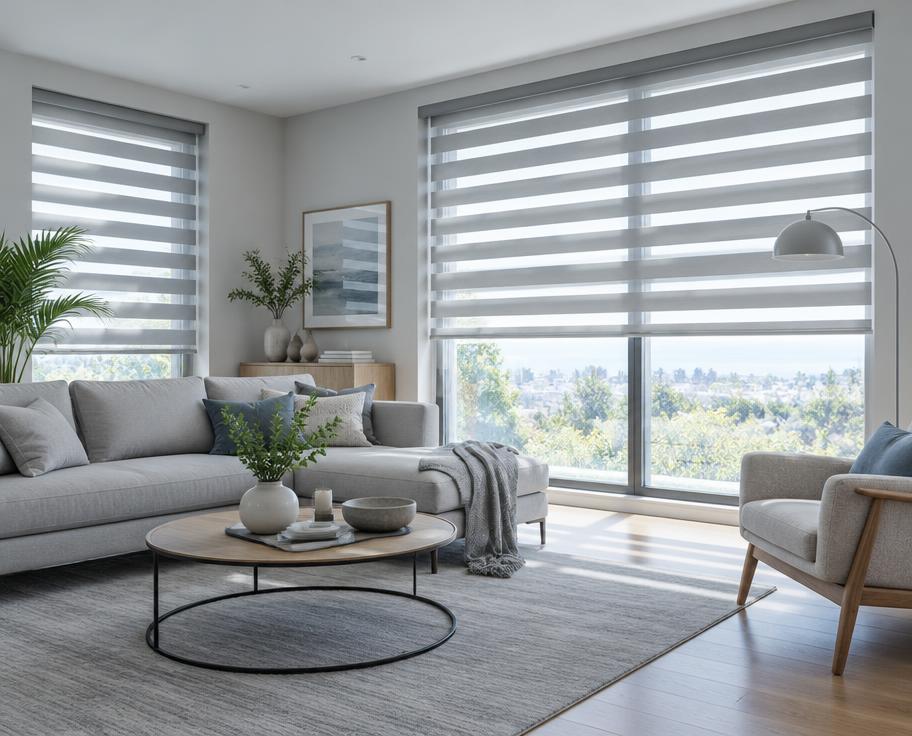 Living room with grey zebra blinds