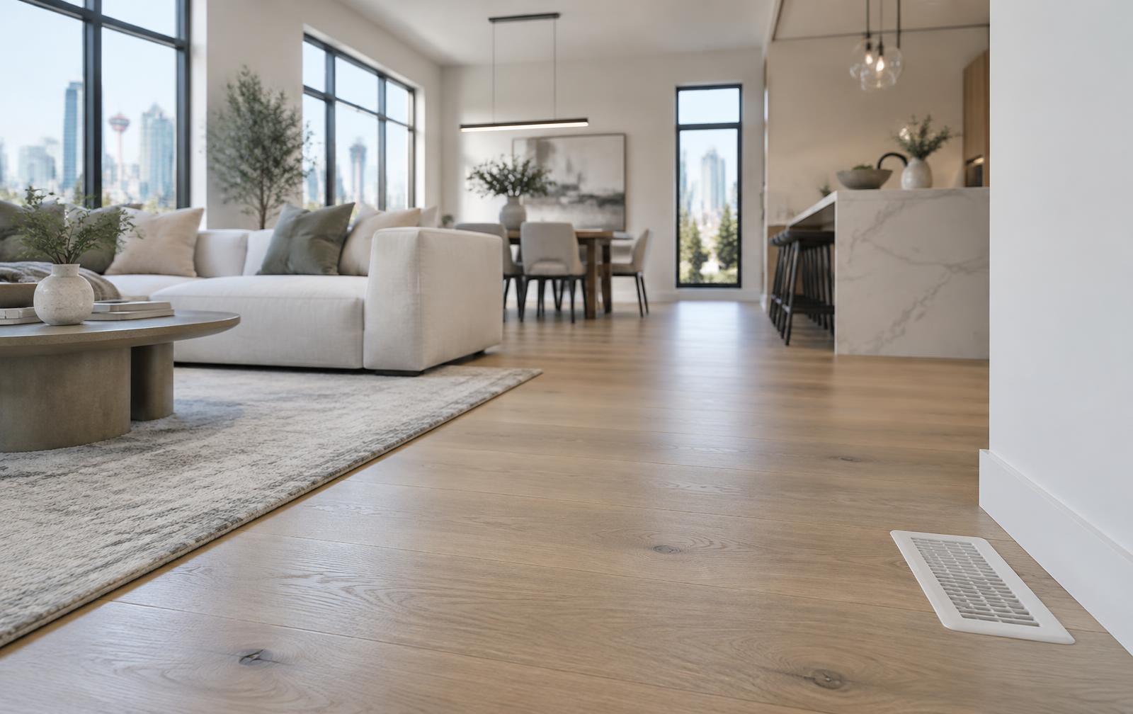Bright Calgary living room with a floor vent beside the window