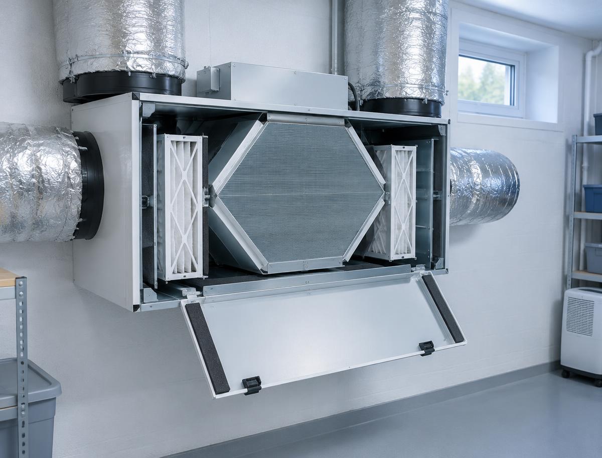 Wall-mounted HRV unit with its cover open showing the core and filters